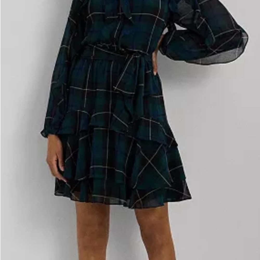 Ralph Lauren Dark Green Plaid Long Sleeve Georgette dress NWT - Picture 2 of 9
